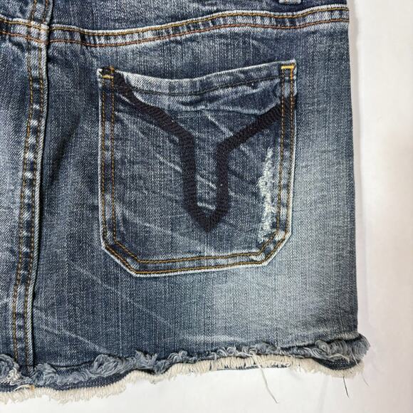 Vigoss Collection Denim Mini Skirt Dark Wash 3/4 27 Juniors Raw Hem Distressed - Picture 7 of 9